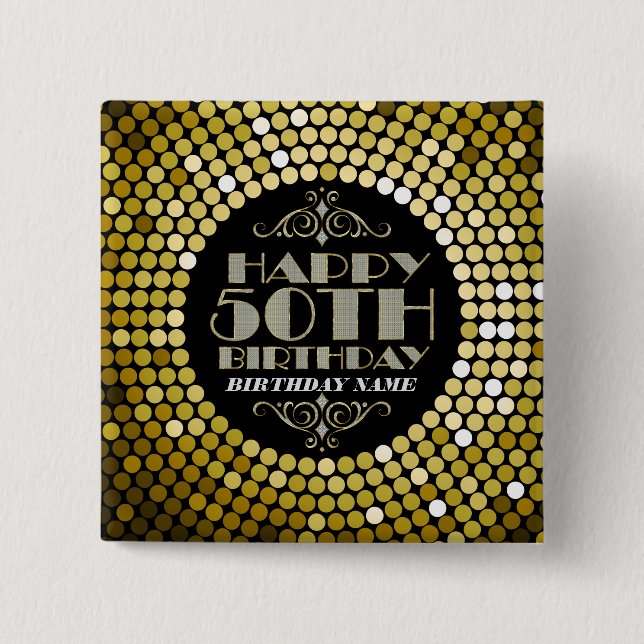 Badge Carré 5 Cm Parties scintillant glamour Joyeux 50e anniversair (Devant)