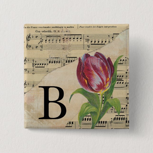 Badge Carré 5 Cm Partition violette Monogramme musical initial B (Devant)