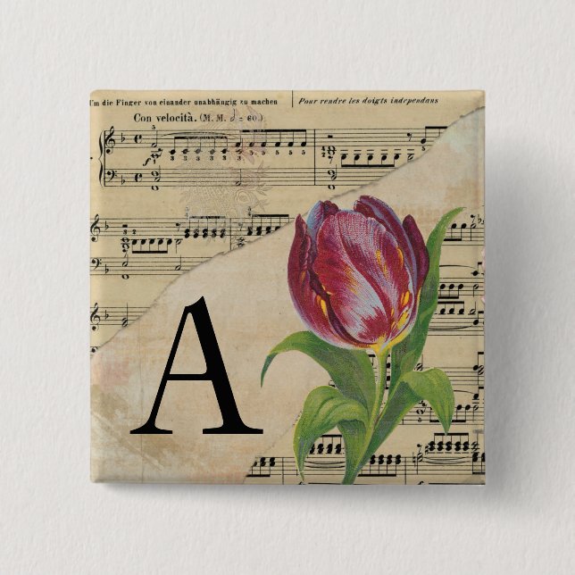 Badge Carré 5 Cm Partition violette Tulip Musique Monogramme initia (Devant)