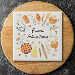Badge Carré 5 Cm Pâtisserie Boulangerie Aquarelle Personnalisée