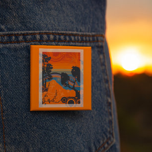 Badge Carré 5 Cm Paysage Abstrait de Forêt au Coucher du Soleil Rét