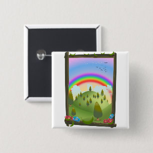 Badge Carré 5 Cm Paysage arc-en-ciel heureux