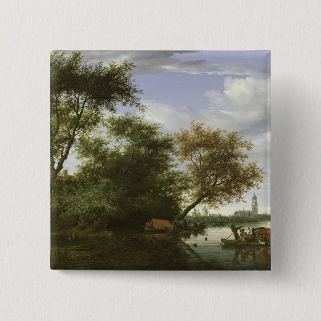 Badge Carré 5 Cm Paysage boisé de rivière (Devant)