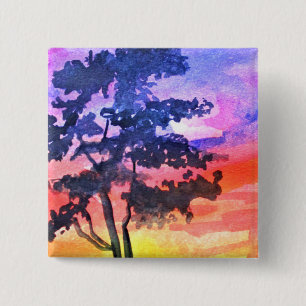 Badge Carré 5 Cm Paysage de rêve au coucher du soleil en aquarelle