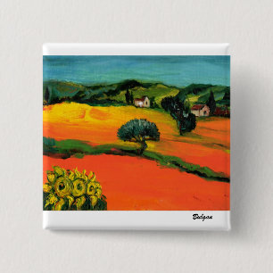 BADGE CARRÉ 5 CM PAYSAGE DE TOSCANE AVEC TOURNESOLS