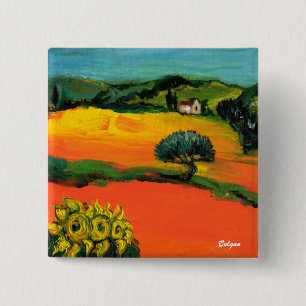BADGE CARRÉ 5 CM PAYSAGE DE TOSCANE AVEC TOURNESOLS