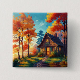 Badge Carré 5 Cm Paysage naturel avec une maisonnette dans la forêt