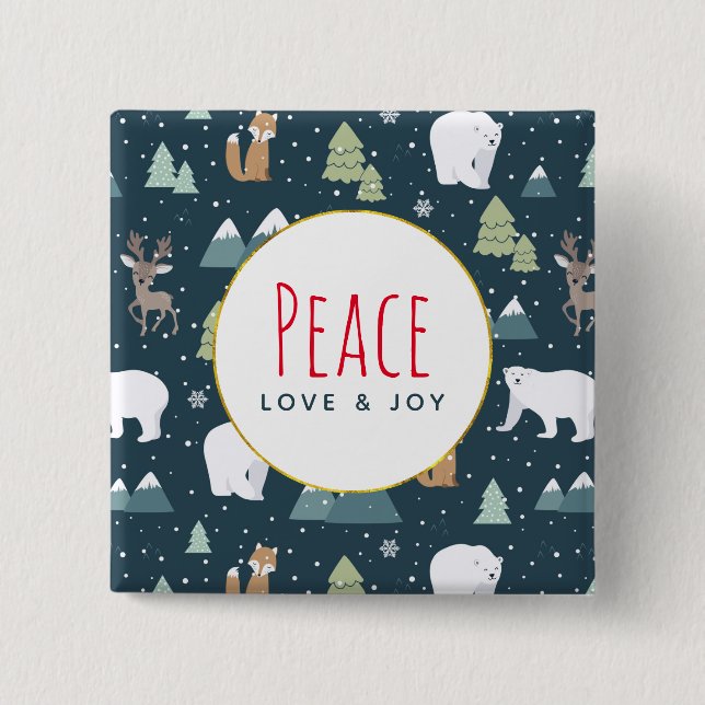 Badge Carré 5 Cm Peace Love & Joy Christmas Animaux Motif (Devant)