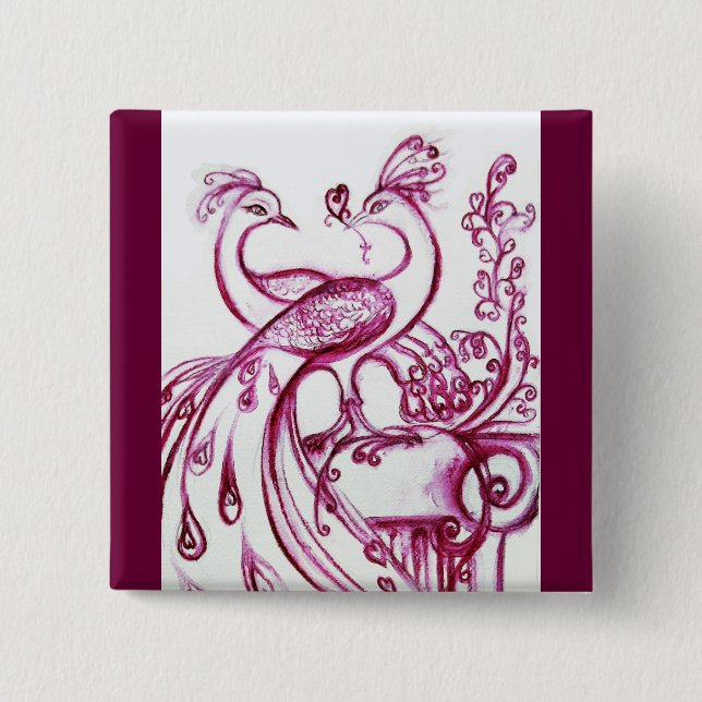 Badge Carré 5 Cm PEACOCKS IN LOVE Rouge et blanc (Devant)