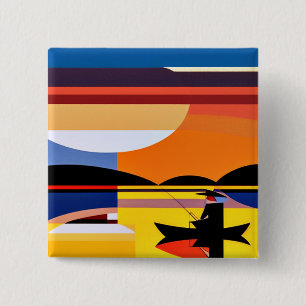 Badge Carré 5 Cm Pêche au coucher du soleil