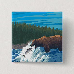 Badge Carré 5 Cm Pêche d'ours en rivière - Wyoming