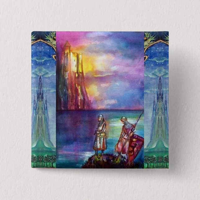 Badge Carré 5 Cm PENDRAGON Chevaliers médiévaux, Coucher de soleil  (Devant)
