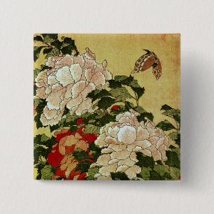 Badge Carré 5 Cm Peonas & Butterflies Hokusai Art Fine