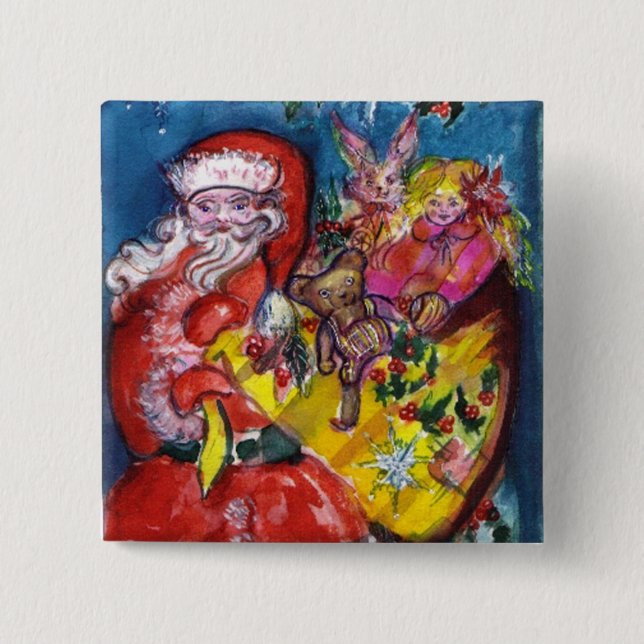 BADGE CARRÉ 5 CM PÈRE NOËL AVEC CADEAUX (Devant)