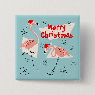 Badge Carré 5 Cm Père Noël flamant rose bouton bleu Joyeux Noël car