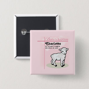 Badge Carré 5 Cm Personnalisable, Baptême, Rose, Fille, Agneau