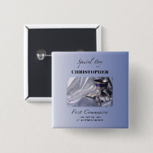 Badge Carré 5 Cm Personnaliser, Garçon, Première communion bleue