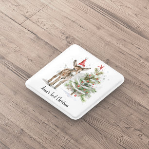 Badge Carré 5 Cm petit âne mignon et arbre de noël, personnalisable