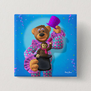 Badge Carré 5 Cm Petit clown d'ours avec le singe