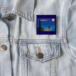 Badge Carré 5 Cm Phare et voilier la nuit Océan éclairé par la lune