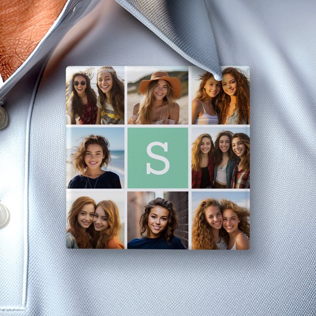 Badge Carré 5 Cm Photo Collage personnalisé Monogramme Mention vert (Custom Photo Button)