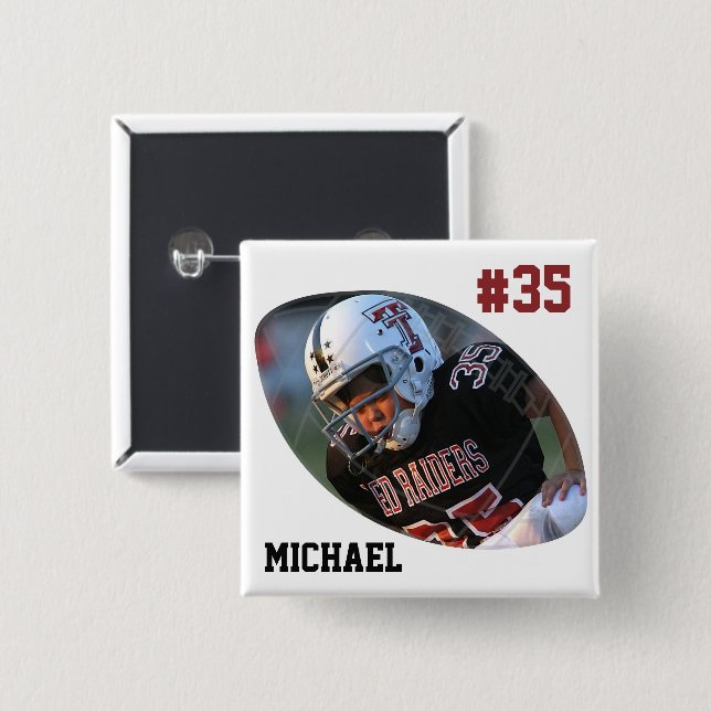 Badge Carré 5 Cm Photo Football Blanc - Bouton personnalisé (Devant & derrière)