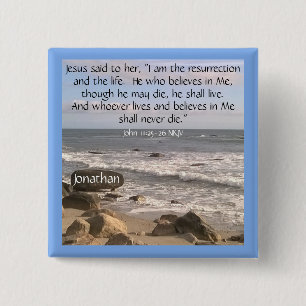 Badge Carré 5 Cm Photo Ocean Avec Écriture Résurrection Pâques