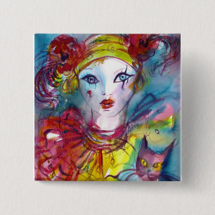 Badge Carré 5 Cm PIERROT AVEC CHAT / Mascarade vénitienne Mascarade