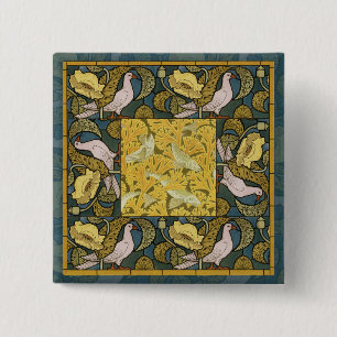 Badge Carré 5 Cm Pigeon Blue Yellow Fish Art Nouveau