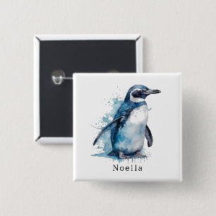 Badge Carré 5 Cm pingouin bleu aquarelle, personnalisable