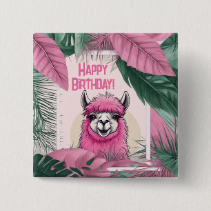 Badge Carré 5 Cm Pink Joyeux Lama souriant