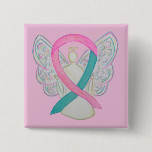Badge Carré 5 Cm Pins Bouton Angel rose et Turquoise de sensibilisa