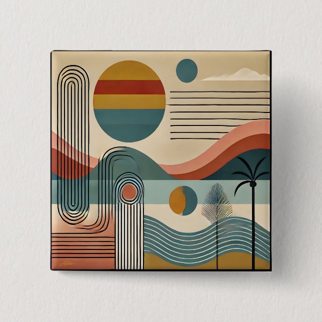 Badge Carré 5 Cm Plage d'art moderne du milieu du siècle Sunrise (Devant)
