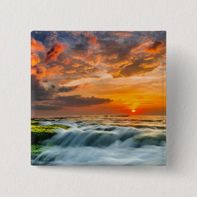 Badge Carré 5 Cm Plage de Manyar au lever de soleil (Devant)