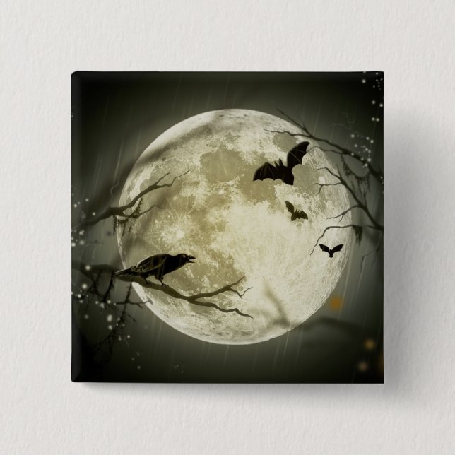 Badge Carré 5 Cm Pleine lune avec chauves-souris et corbeau (Devant)