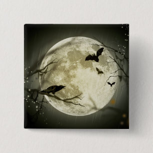 Badge Carré 5 Cm Pleine lune avec chauves-souris et corbeau