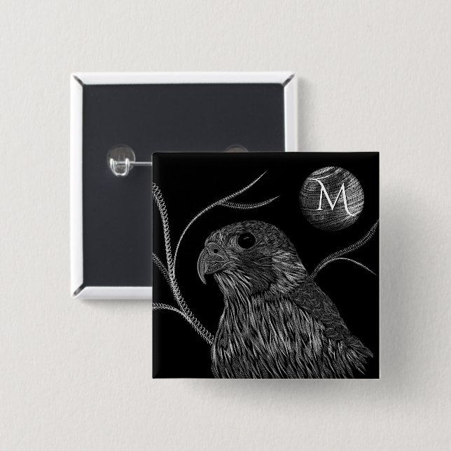 Badge Carré 5 Cm Pleine lune de faucon Monogramme noir (Devant & derrière)