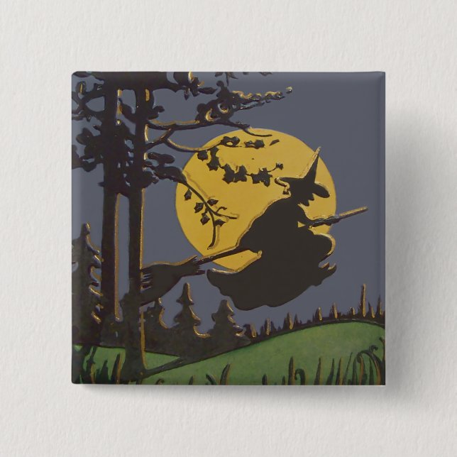 Badge Carré 5 Cm Pleine lune Silhouette Sorcière Volante (Devant)