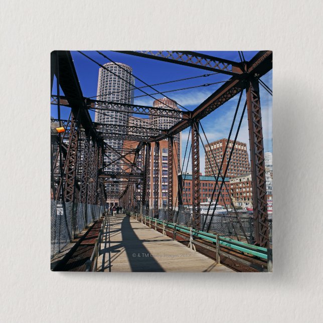 Badge Carré 5 Cm Pont en fer avec Boston Financial district (Devant)