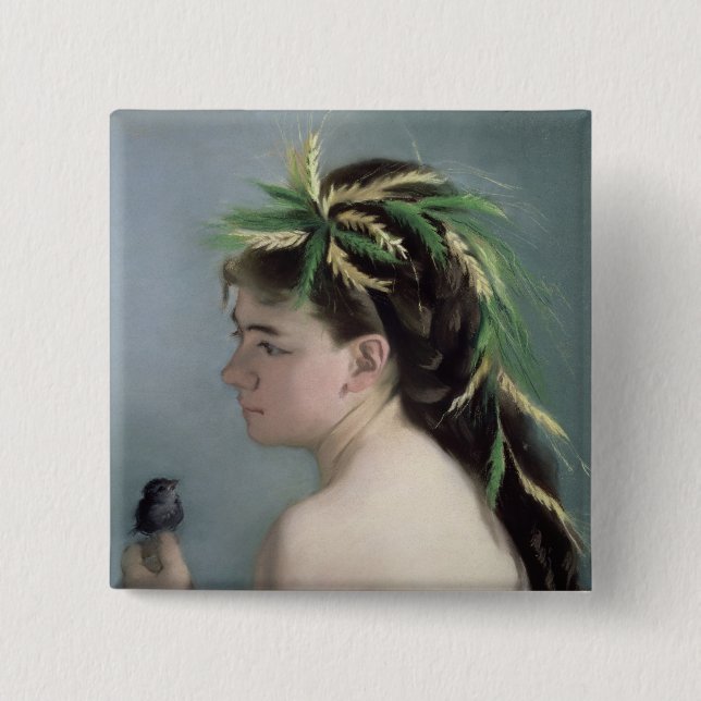 Badge Carré 5 Cm Portrait d'une fille tenant un moineau (Devant)