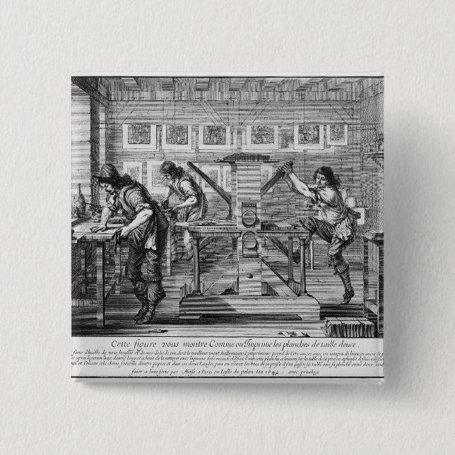 Badge Carré 5 Cm Presse typographique française, 1642 (Devant)