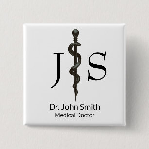 Badge Carré 5 Cm Professionnel Médicale Simple Asclepius Noir Blanc
