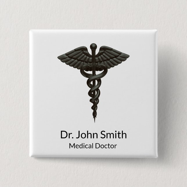 Badge Carré 5 Cm Professionnel Simple Médicale Caduceus Noir Blanc (Devant)