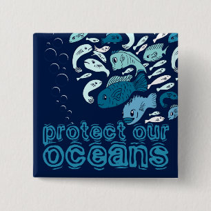 Badge Carré 5 Cm Protégez notre bouton Océan Blue Fish
