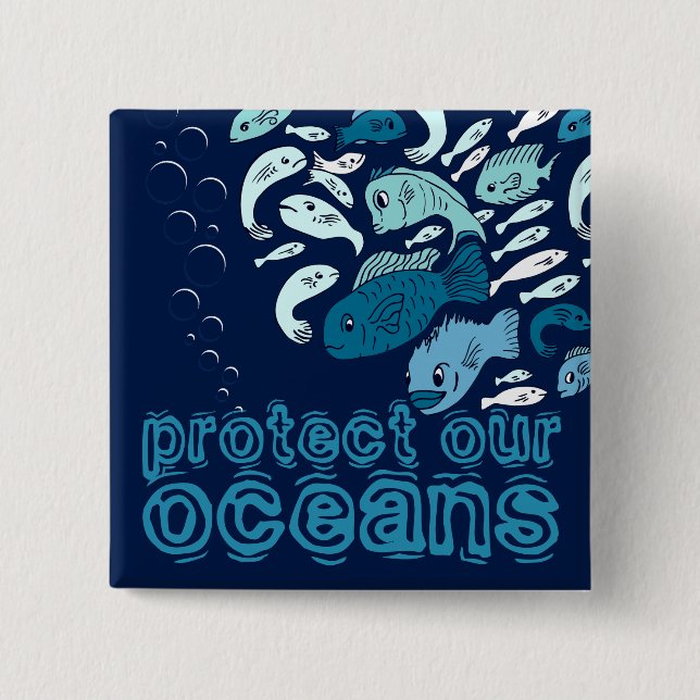 Badge Carré 5 Cm Protégez notre bouton Océan Blue Fish (Devant)