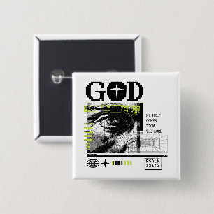 Badge Carré 5 Cm Psaume 121:2 Neon Lime Œil de Dieu CRT Glitch Art
