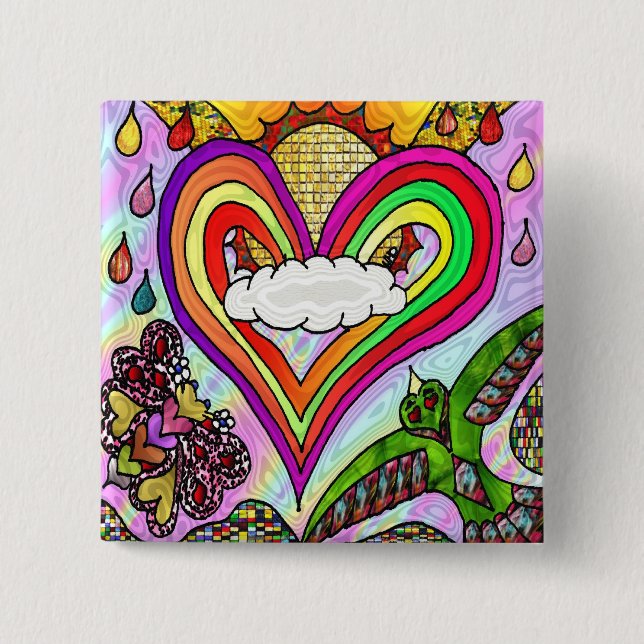 Badge Carré 5 Cm Psychédélic Rainbow Heart (Devant)