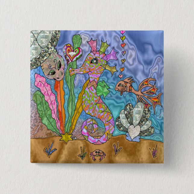 Badge Carré 5 Cm Psychedelic Seahorse Sea Turtle Art (Devant)