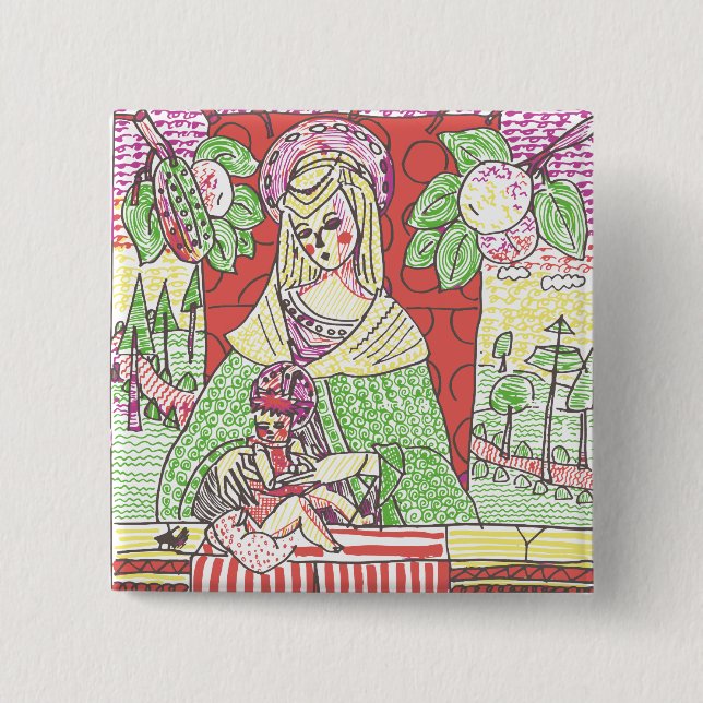 Badge Carré 5 Cm Psychédélique Maria et son fils (Jésus) (Devant)