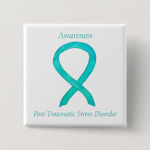 Badge Carré 5 Cm PTSD Sensibilisation Ruban Turquoise Peintures d'a